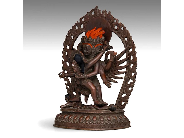 A tibetan/himalayan bronze figure of vajrakilaya and diptichakra, 19thc, h 20 cm - weight about 1778g - afbeelding 1 van  9