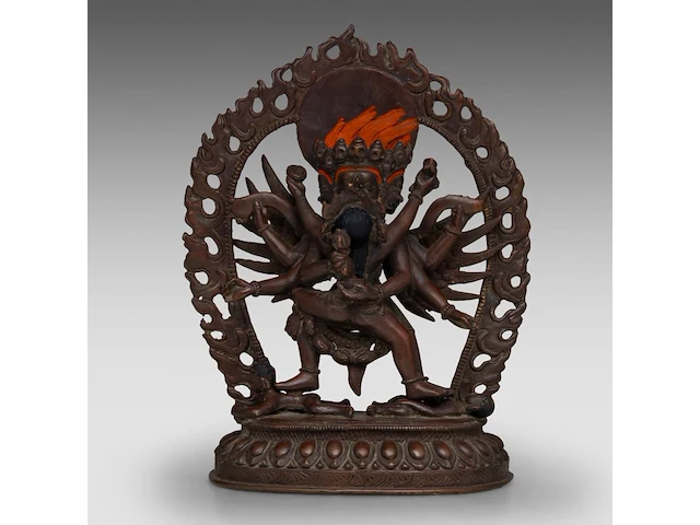 A tibetan/himalayan bronze figure of vajrakilaya and diptichakra, 19thc, h 20 cm - weight about 1778g - afbeelding 2 van  9