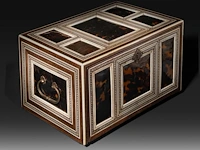 A tortoiseshell veneered and ivory inlaid table cabinet, indo-portuguese, late 17th century, h 17 cm - w 27,5 cm - d 20 cm - total weight 2844g (+)