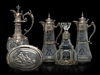 A various collection of silver mounted carafes, a decanter and a bonbonnière, h 9 - 37 cm