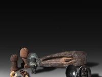 A various collection of south american traditional tribal phallic and other fertility items, l 27 cm (tallest)
