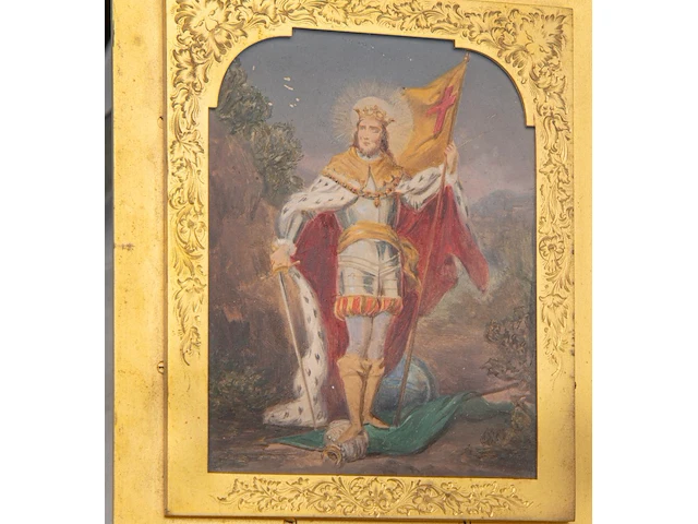 A very fine gothic revival gilt bronze and enamel triptych, with hand-painted porcelain plaques, late 19thc 31 cm. (12.19 in.) - afbeelding 12 van  12