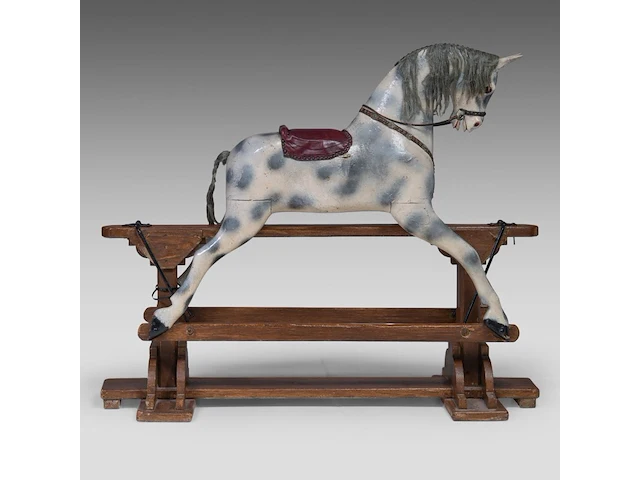 A vintage polychrome wooden carousel horse, h 115 - w 140 cm - afbeelding 7 van  8