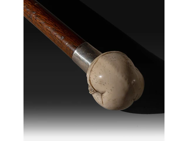 A walking stick with an ivory handle depicting female genitalia, with a silver cuff, 19thc, h 95 cm - ivory handle ø 4,5 cm - ivory weight 180g (+) - afbeelding 3 van  6