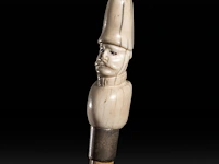 A walking stick with ivory handle depicting a soldier's bust wearing an oversized helmet in the shape of a phallus, german, 19thc, total h 95 cm - ivory h 10 cm - ivory w 2,8 cm - total weight 177g (+)