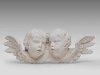 A white painted carved walnut fragment of two angels, 17thc 20 x 52 cm. (7.87 x 20.46 in.)