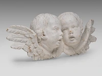 A white painted carved walnut fragment of two angels, 17thc 20 x 52 cm. (7.87 x 20.46 in.) - afbeelding 6 van  6