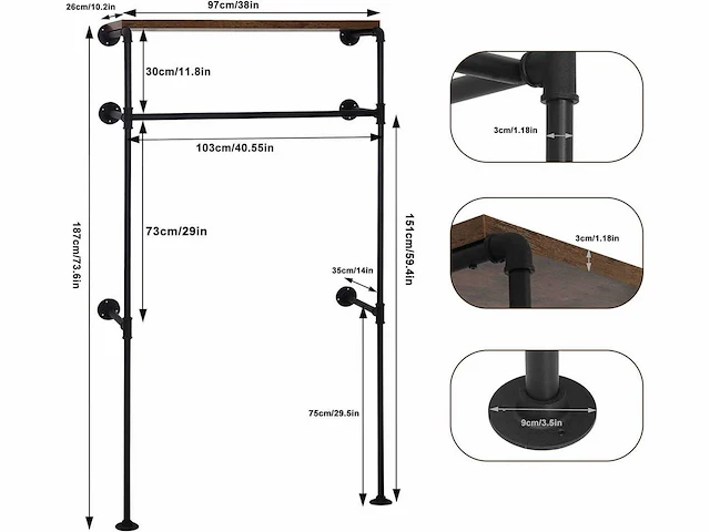 Aan de muur gemonteerde industriële garderobe, kledingrek voor kleedkamer - afbeelding 3 van  6