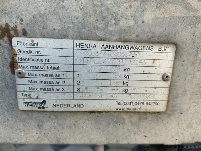 Aanhangwagen henra, pl27ab, xlupl27h013114216, 1e insch 28/02/13, kentekenbewijs i + ii, gelijkvormigheidsattest, keuring geldig tot 29/01/26 - afbeelding 3 van  4