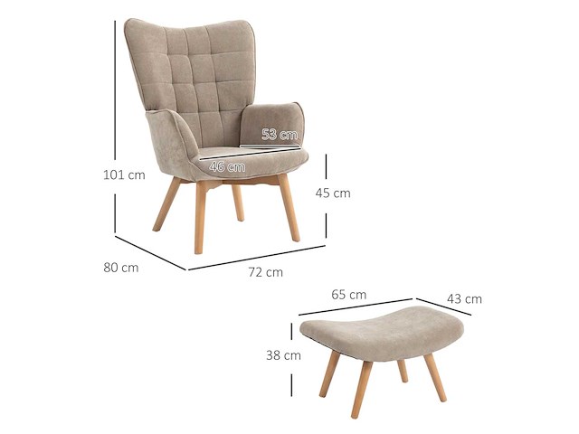 Accentstoel met voetenbankje, relax fauteuil in corduroy, fauteuil met armleuningen en houten poten, voor de woonkamer, lichtbruin - afbeelding 2 van  6