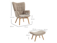 Accentstoel met voetenbankje, relax fauteuil in corduroy, fauteuil met armleuningen en houten poten, voor de woonkamer, lichtbruin - afbeelding 2 van  6
