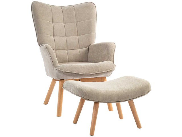 Accentstoel met voetenbankje, relax fauteuil in corduroy, fauteuil met armleuningen en houten poten, voor de woonkamer, lichtbruin - afbeelding 5 van  6