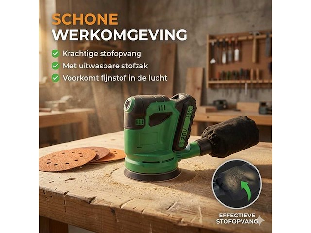 Accu excentrische schuurmachine – 900w – ø125mm – draadloos – met stofopvangbox & schuurpapier 5 stuks (5x) - afbeelding 3 van  6