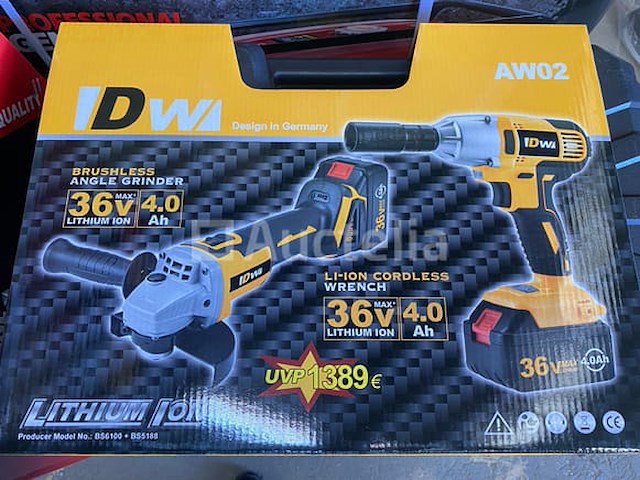 Accu slijper en slagmoersleutel set 36v 4ah - afbeelding 1 van  6