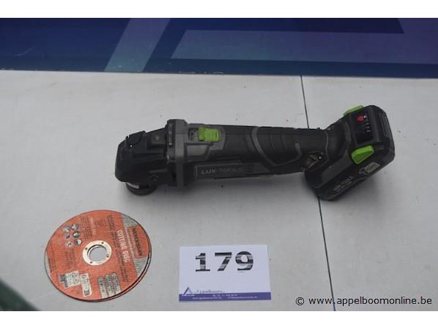 Accu slijpmachine lux-tools, met batterij zonder lader, werking niet gekend plus slijptol powerplus, werking niet gekend, hamer, lintmeter en handzaag - afbeelding 1 van  3