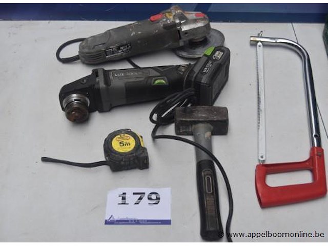 Accu slijpmachine lux-tools, met batterij zonder lader, werking niet gekend plus slijptol powerplus, werking niet gekend, hamer, lintmeter en handzaag - afbeelding 3 van  3