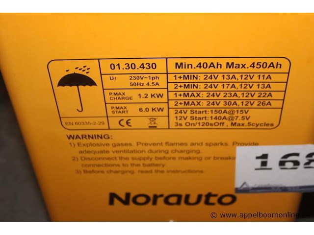 Acculader en starter, norauto, 01.30.430, 230v, 1.2kw laadvermogen, 6.0kw startvermogen, 12v/24v, werking niet gekend - afbeelding 2 van  2