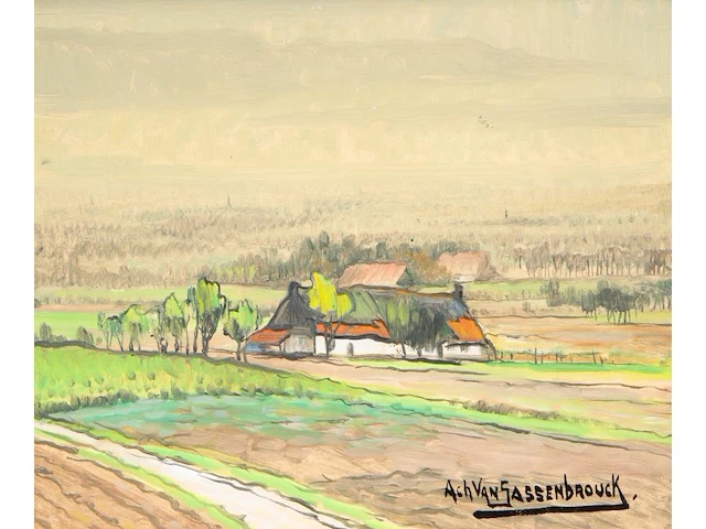 Achille van sassenbrouck (1886-1979), rural landscape near tielt, oil on panel 38 x 45 cm. (14.96 x 17.71 in.), frame: 49 x 56.5 cm. (19.28 x 22.23 in.) - afbeelding 1 van  4