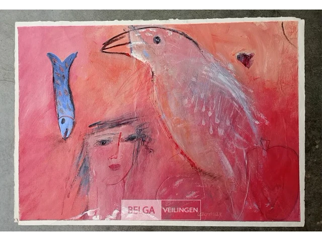 Acryl op papier, katrien caymax, de vogel die zingt - afbeelding 2 van  3