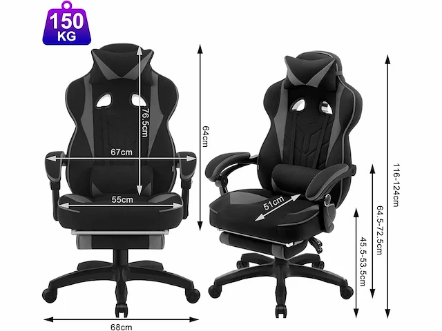 Ademende stoffen gamingstoel ergonomische bureaustoel met lendensteun - afbeelding 2 van  4