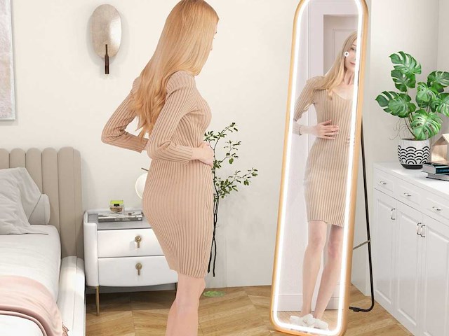 Afgeronde spiegel van volledige lengte met led-verlichting led-verlichte spiegel aluminium frame dimbare verlichting 3 kleuren goud - afbeelding 1 van  8