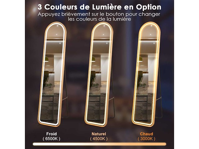 Afgeronde spiegel van volledige lengte met led-verlichting led-verlichte spiegel aluminium frame dimbare verlichting 3 kleuren goud - afbeelding 7 van  8