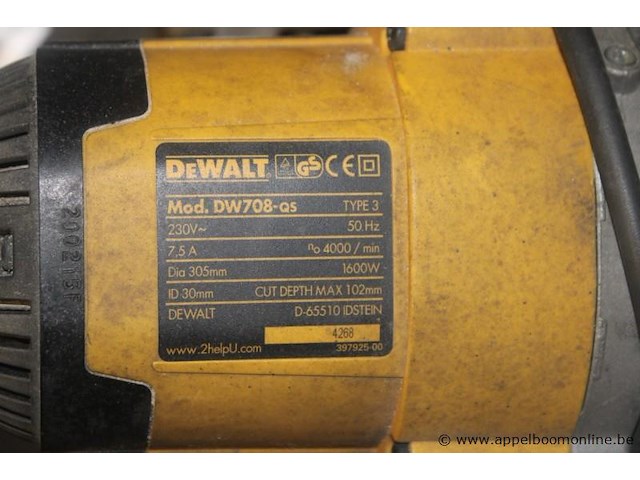 Afkortzaag dewalt dw708-qs, 1,6 kw, 230 v, serienummer 4268, onderstel, werking niet gekend - afbeelding 2 van  2