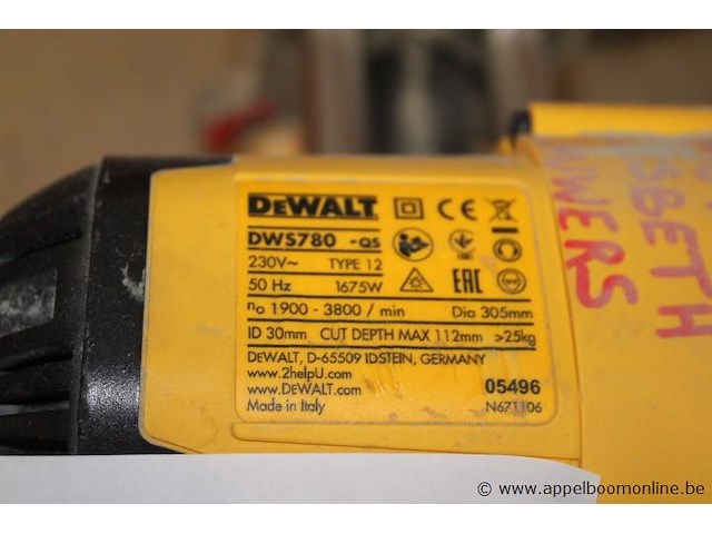Afkortzaag dewalt, dws780, 230v, 1675w, zaagblad dia 305mm, werking niet gekend - afbeelding 2 van  2