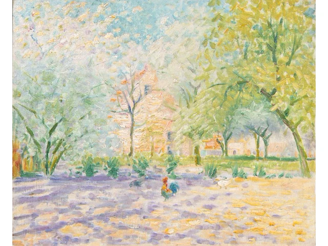 Albert lefebvre (1878-1951), fauvist view with chickens, oil on cardboard - afbeelding 1 van  4