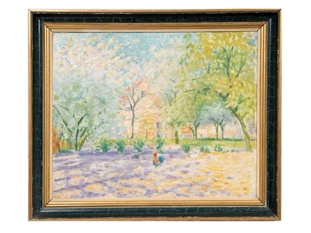 Albert lefebvre (1878-1951), fauvist view with chickens, oil on cardboard - afbeelding 2 van  4