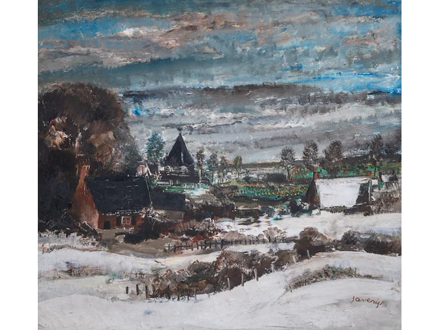 Albert saverys (1886-1964), snowy landscape in flanders, oil on canvas 85 x 95 cm. (33.46 x 37.39 in.), frame: 102 x 112 cm. (40.15 x 44.09 in.) - afbeelding 1 van  6