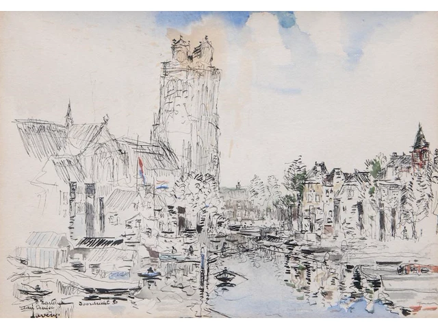 Albert saverys (1886-1964), view of dordrecht, 1950, ink and watercolour 25 x 35 cm. (9.83 x 13.77 in.), frame: 42 x 52 cm. (16.53 x 20.46 in.) - afbeelding 1 van  11