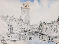 Albert saverys (1886-1964), view of dordrecht, 1950, ink and watercolour 25 x 35 cm. (9.83 x 13.77 in.), frame: 42 x 52 cm. (16.53 x 20.46 in.)