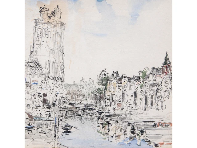 Albert saverys (1886-1964), view of dordrecht, 1950, ink and watercolour 25 x 35 cm. (9.83 x 13.77 in.), frame: 42 x 52 cm. (16.53 x 20.46 in.) - afbeelding 7 van  11