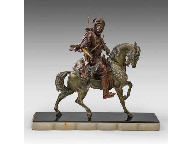 Alfred barye (1839-1882), arab hunter on horseback, various patinated spelter on an onyx base the sculpture: 56 x 46 cm. (22.05 x 18.10 in.), with base: 62 x 72 cm. (24.41 x 28.35 in.) - afbeelding 1 van  8