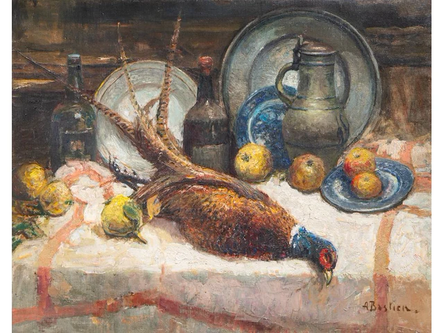 Alfred bastien (1873-1955), still life with pheasant, oil on canvas 80 x 100 cm. (31 1/2 x 39.36 in.), frame: 107 x 127 cm. (42.13 x 50 in.) - afbeelding 1 van  7