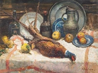 Alfred bastien (1873-1955), still life with pheasant, oil on canvas 80 x 100 cm. (31 1/2 x 39.36 in.), frame: 107 x 127 cm. (42.13 x 50 in.)