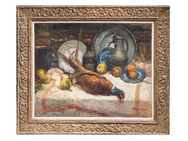 Alfred bastien (1873-1955), still life with pheasant, oil on canvas 80 x 100 cm. (31 1/2 x 39.36 in.), frame: 107 x 127 cm. (42.13 x 50 in.) - afbeelding 2 van  7