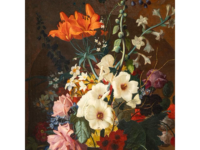 An abundant flower still life with a snail, 19thc, oil on canvas 80 x 65 cm. (31 1/2 x 25.5 in.), frame: 99 x 83 cm. (38.9 x 32.6 in.) - afbeelding 2 van  12