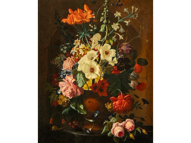 An abundant flower still life with a snail, 19thc, oil on canvas 80 x 65 cm. (31 1/2 x 25.5 in.), frame: 99 x 83 cm. (38.9 x 32.6 in.) - afbeelding 1 van  12