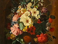 An abundant flower still life with a snail, 19thc, oil on canvas 80 x 65 cm. (31 1/2 x 25.5 in.), frame: 99 x 83 cm. (38.9 x 32.6 in.)