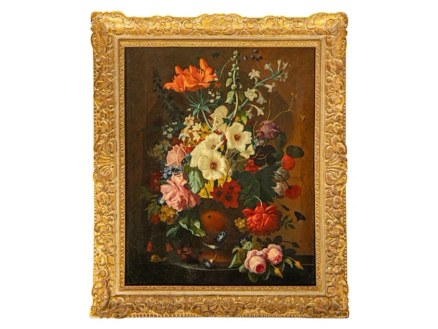 An abundant flower still life with a snail, 19thc, oil on canvas 80 x 65 cm. (31 1/2 x 25.5 in.), frame: 99 x 83 cm. (38.9 x 32.6 in.) - afbeelding 5 van  12