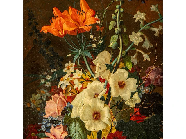 An abundant flower still life with a snail, 19thc, oil on canvas 80 x 65 cm. (31 1/2 x 25.5 in.), frame: 99 x 83 cm. (38.9 x 32.6 in.) - afbeelding 9 van  12