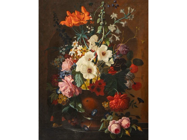An abundant flower still life with a snail, 19thc, oil on canvas 80 x 65 cm. (31 1/2 x 25.5 in.), frame: 99 x 83 cm. (38.9 x 32.6 in.) - afbeelding 10 van  12
