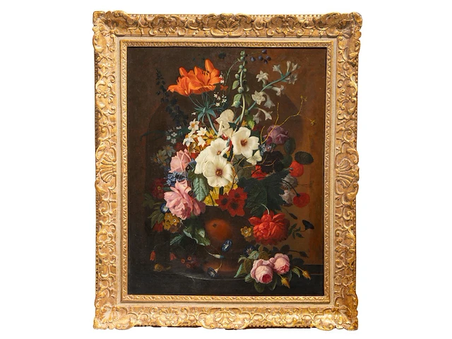 An abundant flower still life with a snail, 19thc, oil on canvas 80 x 65 cm. (31 1/2 x 25.5 in.), frame: 99 x 83 cm. (38.9 x 32.6 in.) - afbeelding 11 van  12