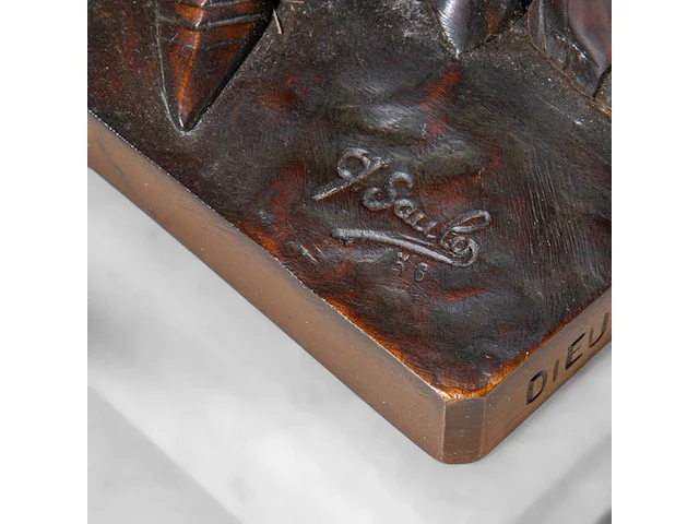 An art deco chryselephantine sculpture of jeanne d'arc by george ernest saulo (1865-1945), signed, interwar period, total h 32,5 cm - total weight ca 3500g (+) - afbeelding 7 van  9