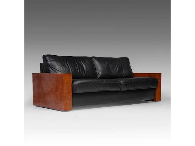 An art deco style burr wood and black leather settee 80 x 205 x 90 cm. (31 1/2 x 80.70 x 35.42 in.) - afbeelding 7 van  7