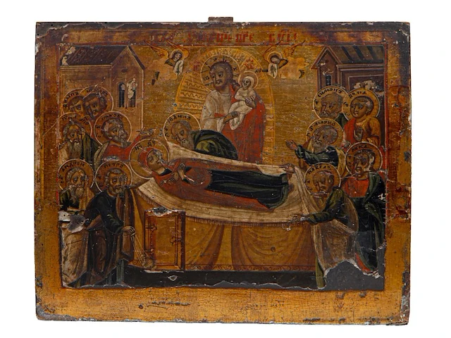 An east-european orthodox icon of the dormition of the virgin, 19thc 28 x 35.5 cm. (11.01 x 13.98 in.) - afbeelding 1 van  2