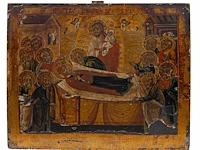An east-european orthodox icon of the dormition of the virgin, 19thc 28 x 35.5 cm. (11.01 x 13.98 in.)