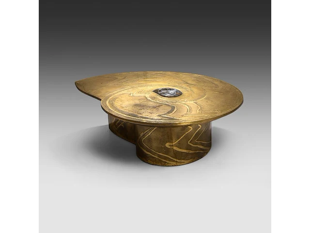 An exceptional ammonite-shaped coffee table by marc dhaenens, etched brass tabletop with a workd-in fossilised ammonite 38 x 129 x 104 cm. (14.96 x 50.78 x 40.93 in.) - afbeelding 4 van  10